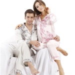 Lovers` Gift Couple`s Ivory Pink Silk-like Flower Print Pajamas Set 