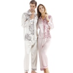  Couple`s Ivory Pink Silk-like Flower Print Pajamas Set